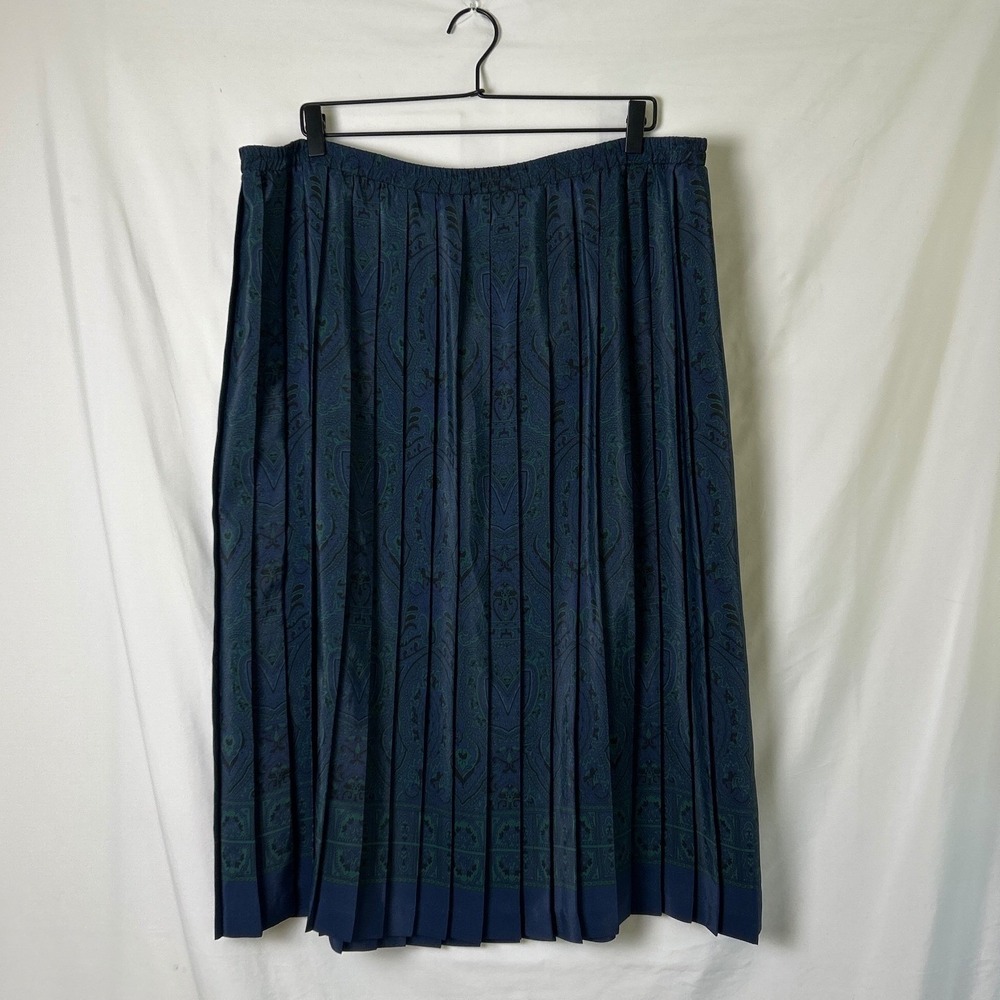 Leslie Fay Womens Vintage Paisley Pleated Midi Skirt Size 16 Navy Blue Green - Picture 3 of 10
